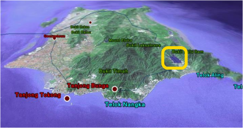 The Yellow Square is the actual location of Teluk Bahang Dam. In 2004, Master Soon had predicted the down fall of the then Penang State Chief Minister, Khor Tzu Khoon. 黄色四方位为九十年代末期建设的水坝. 2004年孙老师已经向州政府发出警告，这会导致该州政府垮台.