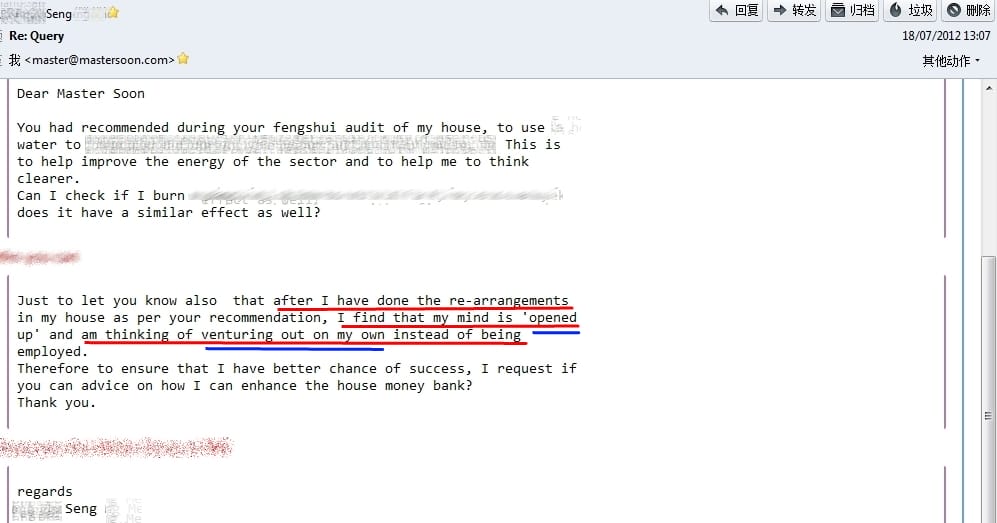Feng Shui Audit Testimonial(Singapore) Aug 2012
