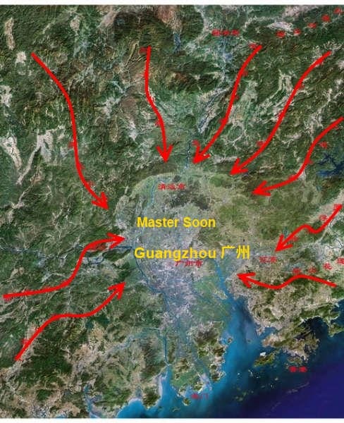 There are 9 mountainous ranges run into Basin of Pearl River, which nicely place Guangzhou in the acute centre of This 9 Dragons Land Formation. 